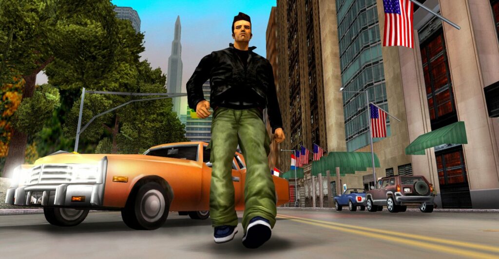 Photo tirée du jeu vidéo Grand Theft Auto III (GTA III). Le personnage du jeu marche dans la rue.