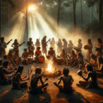 Un groupe de personnes en tenues traditionnelles joue des instruments et danse autour d'un feu dans une forêt, illustrant un rituel ancestral qui induit un état de transe.