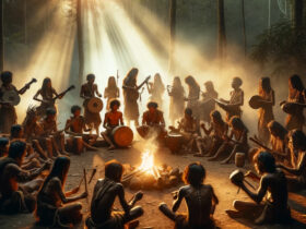 Un groupe de personnes en tenues traditionnelles joue des instruments et danse autour d'un feu dans une forêt, illustrant un rituel ancestral qui induit un état de transe.