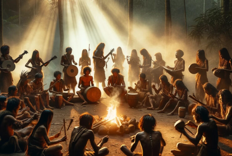 Un groupe de personnes en tenues traditionnelles joue des instruments et danse autour d'un feu dans une forêt, illustrant un rituel ancestral qui induit un état de transe.