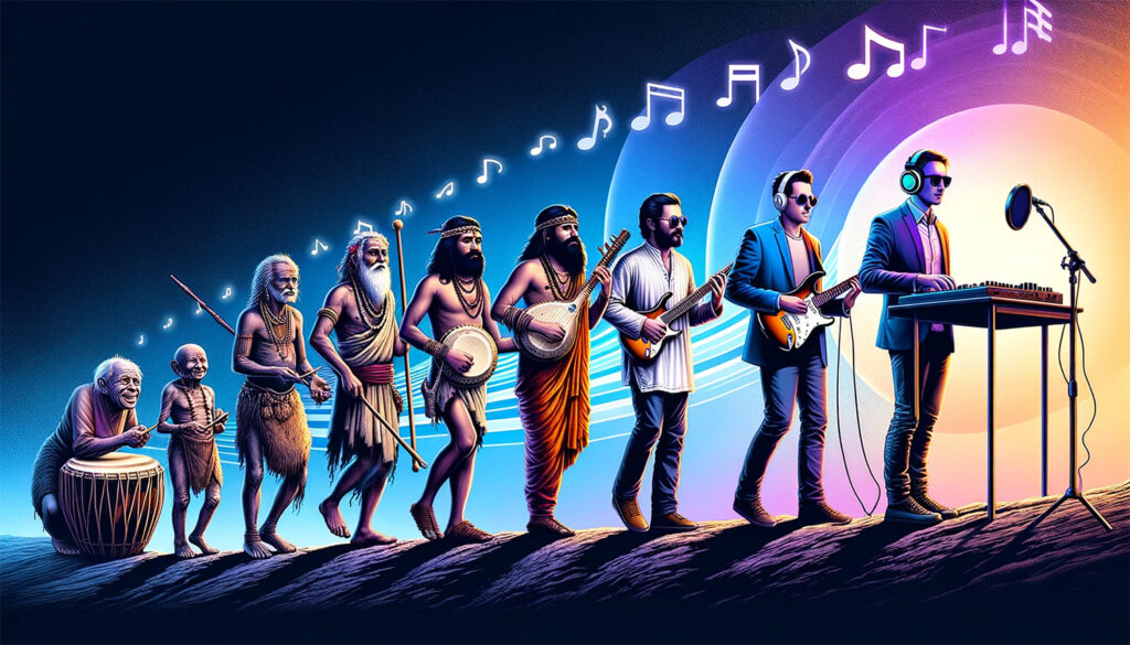Illustration artistique représentant une séquence de musiciens fictifs à travers le temps, des figures tribales aux DJs contemporains, symbolisant une certaine vision de l'évolution de la musique.