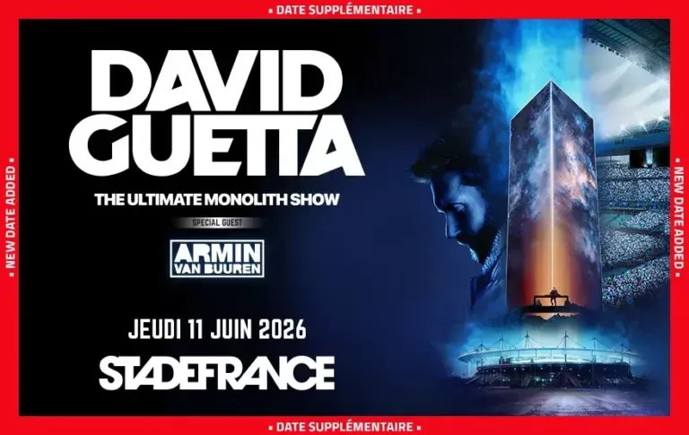 Affiche officielle du concert David Guetta – The Ultimate Monolith Show au Stade de France, prévu le 11 juin 2026, avec Armin van Buuren en invité spécial.