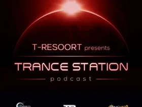 Pochette du podcast "Trance Station" présenté par T-Resoort, avec un lever de soleil spatial couleur sang, spécial "Halloween Mix".