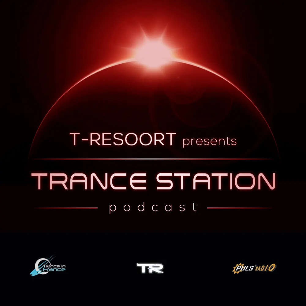 Pochette du podcast "Trance Station" présenté par T-Resoort, avec un lever de soleil spatial couleur sang, spécial "Halloween Mix".