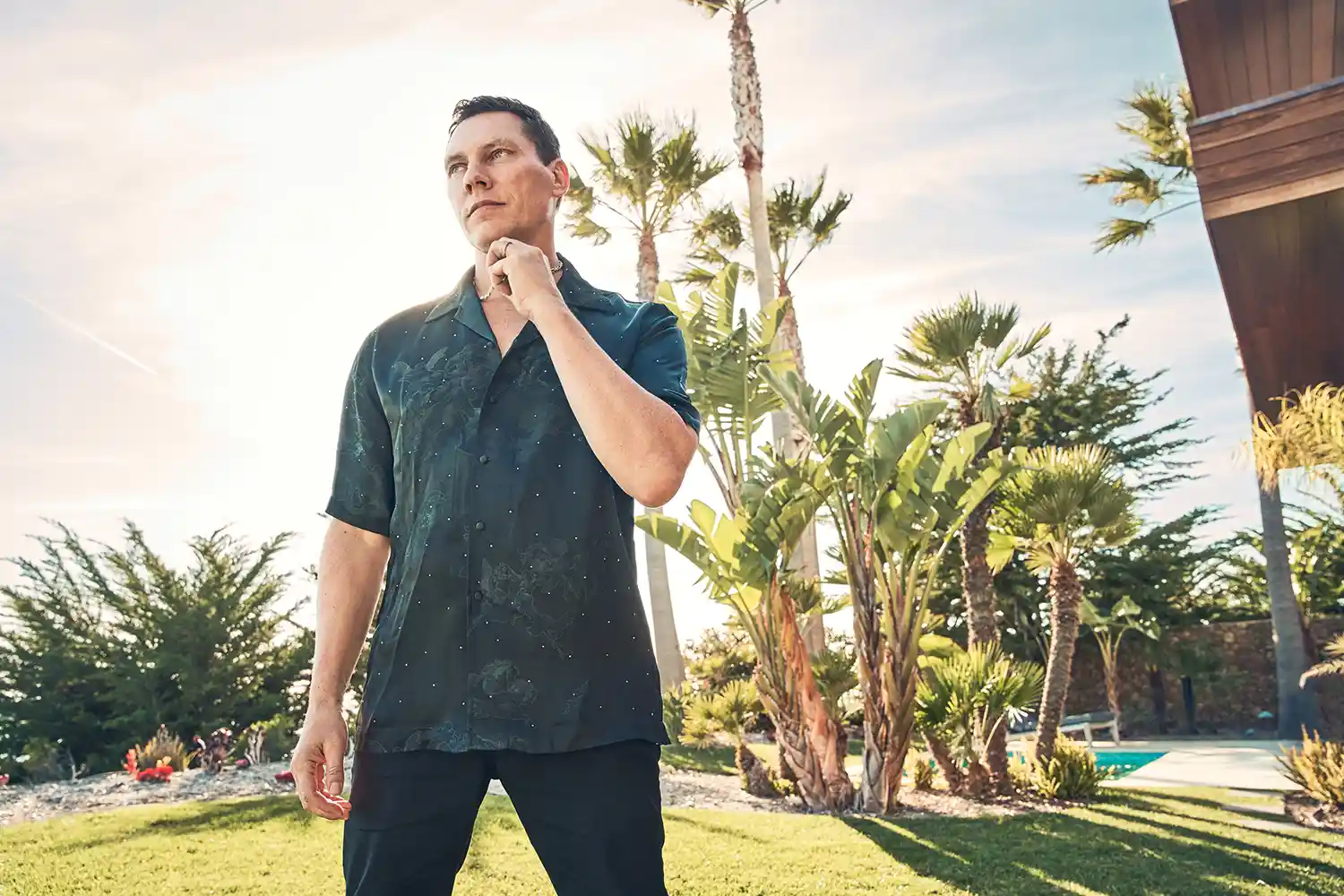 Portrait de Tiësto en extérieur, dans une ambiance ensoleillée et détendue, entouré de palmiers et de verdure.
