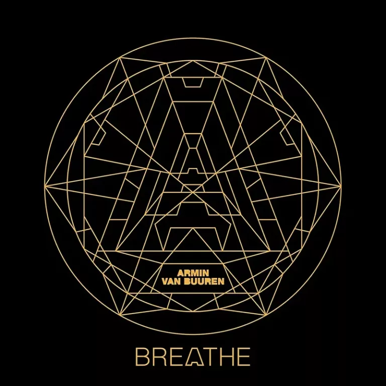 Pochette de l’album "Breathe" d’Armin van Buuren, avec un motif géométrique doré formant une figure abstraite sur fond noir.