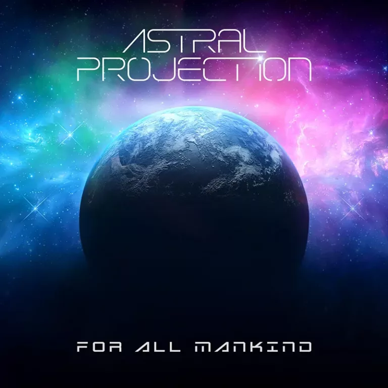 Pochette de l’album "For All Mankind" du duo Astral Projection, illustrant une planète bleue émergeant de l’obscurité de l’espace, entourée d’aurores et de nébuleuses colorées.