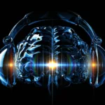 Illustration d’un cerveau humain translucide portant un casque audio, symbolisant la connexion entre musique et activité cérébrale.