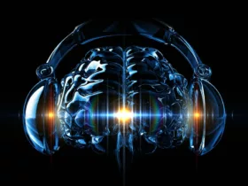 Illustration d’un cerveau humain translucide portant un casque audio, symbolisant la connexion entre musique et activité cérébrale.