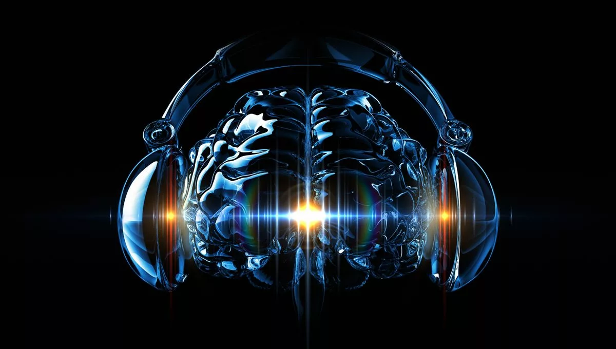 Illustration d’un cerveau humain translucide portant un casque audio, symbolisant la connexion entre musique et activité cérébrale.