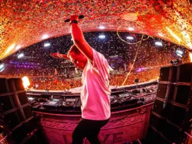 Armin van Buuren sur la scène principale de Tomorrowland, bras levés, sous une pluie de confettis et de lumières flamboyantes.