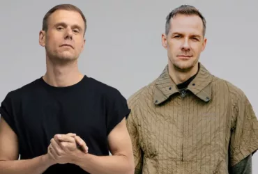 Montage réunissant Armin van Buuren et Adam Beyer côte à côte sur fond gris, réalisé pour illustrer leur collaboration “Techno Trance (Paradise Is Now)”