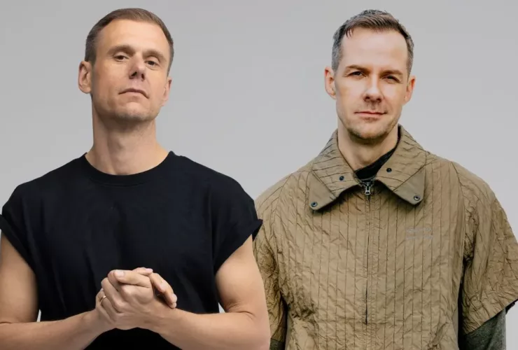 Montage réunissant Armin van Buuren et Adam Beyer côte à côte sur fond gris, réalisé pour illustrer leur collaboration “Techno Trance (Paradise Is Now)”