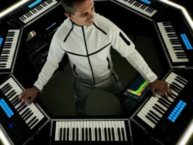 Giuseppe Ottaviani entouré de son dispositif scénique OTTAGON, un setup octogonal composé de claviers et contrôleurs lumineux.