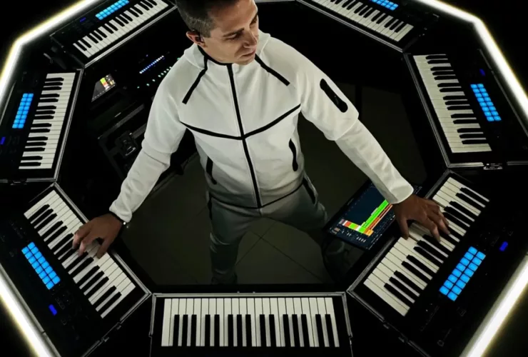 Giuseppe Ottaviani entouré de son dispositif scénique OTTAGON, un setup octogonal composé de claviers et contrôleurs lumineux.