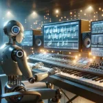 Un robot humanoïde compose de la musique dans un studio moderne, symbolisant la création musicale par intelligence artificielle (IA).