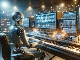 Un robot humanoïde compose de la musique dans un studio moderne, symbolisant la création musicale par intelligence artificielle (IA).