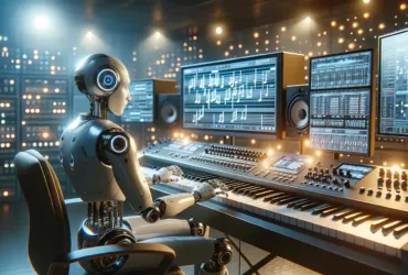 Un robot humanoïde compose de la musique dans un studio moderne, symbolisant la création musicale par intelligence artificielle (IA).