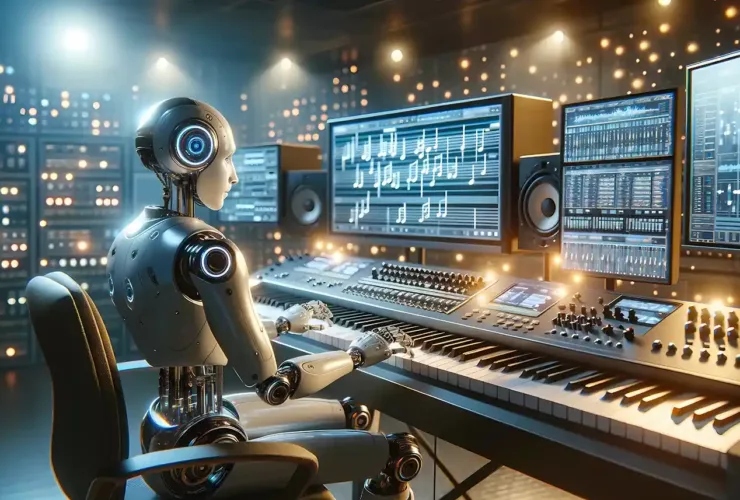Un robot humanoïde compose de la musique dans un studio moderne, symbolisant la création musicale par intelligence artificielle (IA).