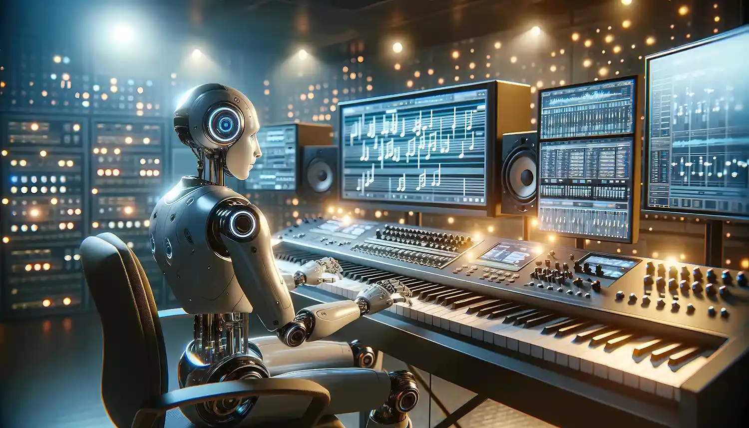Un robot humanoïde compose de la musique dans un studio moderne, symbolisant la création musicale par intelligence artificielle (IA).