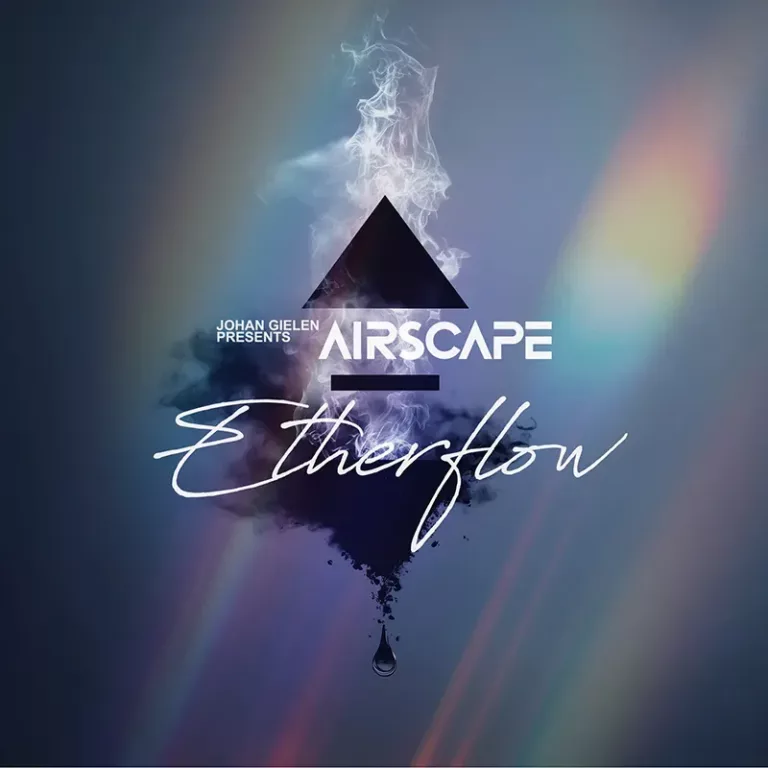 Pochette de l'album "Etherflow" d’Airscape (Johan Gielen), visuel abstrait et éthéré mêlant fumée et formes géométriques.