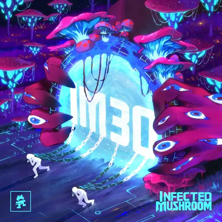 Pochette de l’album “IM30” d’Infected Mushroom, représentant un portail lumineux dans un décor psychédélique peuplé de champignons géants et d’éléments fantastiques.
