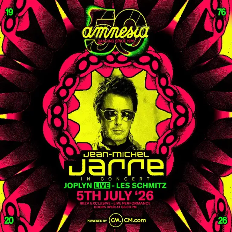 Affiche annonçant le concert de Jean-Michel Jarre à Amnesia Ibiza le 5 juillet 2026, pour les 50 ans du club, avec un visuel psychédélique aux couleurs jaune, rose et noir.
