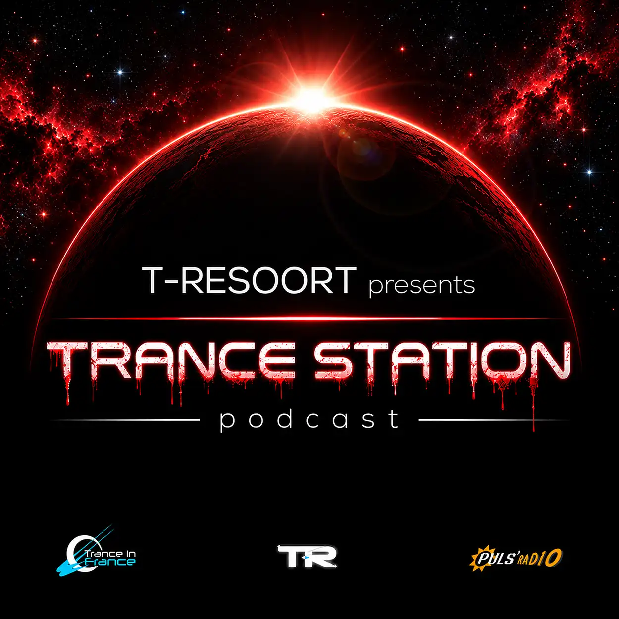 Pochette du mix spécial Halloween 2026 de T-Resoort pour le podcast Trance Station, avec une planète sombre entourée d'une lumière rouge et un titre aux lettres ensanglantées.